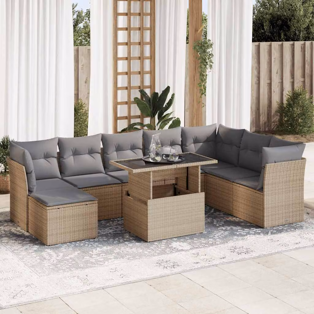 Set Divano da Giardino vidaXL 9 pz a Forma a U con Cuscini Beige e Tavolino in Vetro