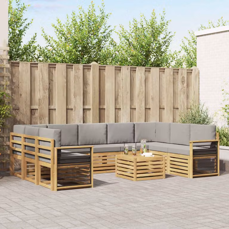 vidaXL Set di divani da esterno 10 pezzi a forma di L con tavolo da caffè, in legno di acacia e tessuto resistente ai raggi UV, Bianco e Grigio Chiaro