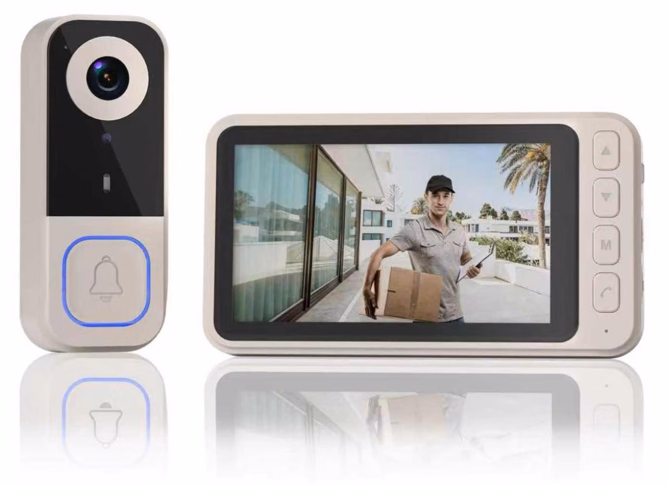 Zimilo KFunk Videocitofono con monitor, campanello wireless Full HD 1080p, funzione intercom, registrazione su scheda SD, senza Wi-Fi né app, portata 150 m, beige