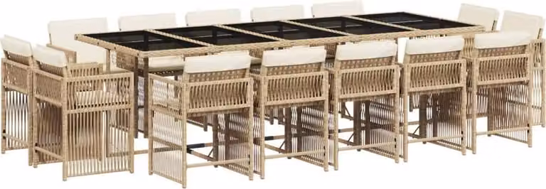 Set da Pranzo da Giardino 15 pz con Cuscini Beige in Polyrattan