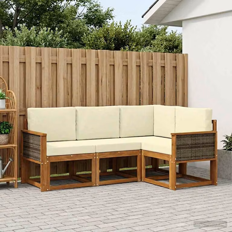 Set di divani da esterno vidaXL a forma di L composto da 4 pezzi in legno di acacia con cuscini in poliestere beige e bianco