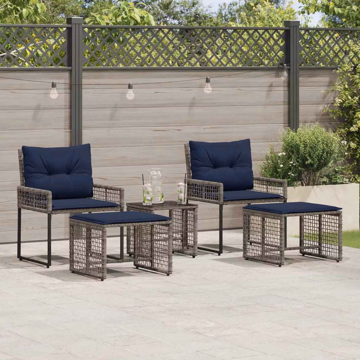 Set di mobili da esterno vidaXL in legno di acacia e rattan da 5 pezzi, colori grigio e blu navy
