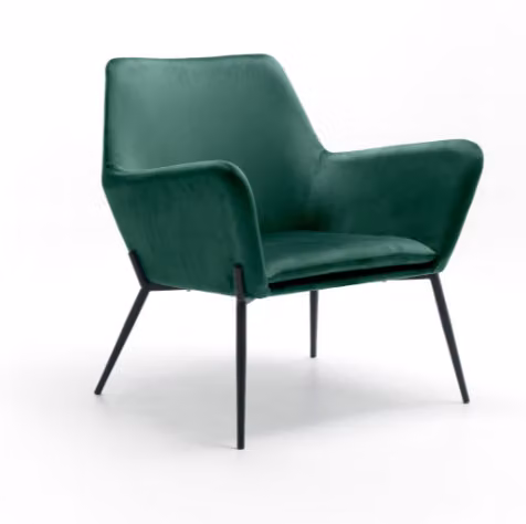 Poltrona moderna E-Stylo in velluto verde con struttura in metallo nero opaco per zona living, L/P/H: 70 x 71.5 x 79 cm