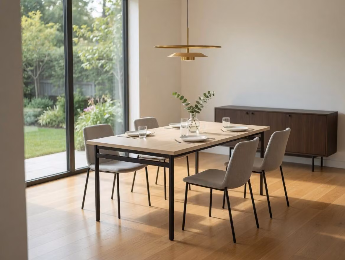 Tavolo da pranzo in legno, color beige chiaro e antracite, con struttura in metallo, robusto