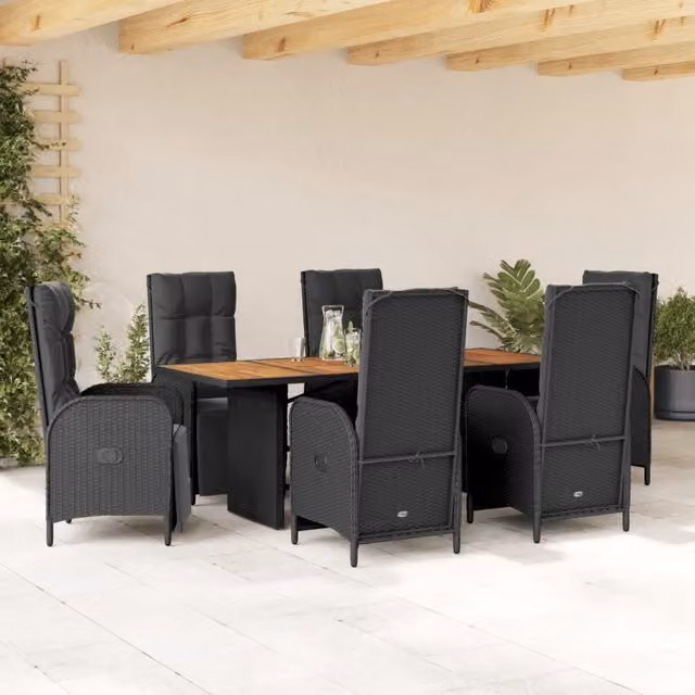 Set da pranzo da giardino vidaXL in legno di acacia e polyrattan nero con 7 pezzi