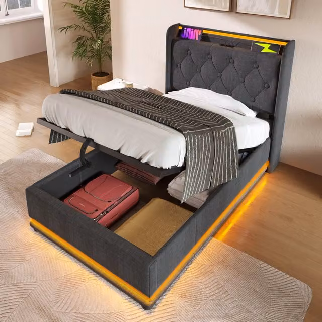 Letto singolo 90x200 contenitore idraulico con LED; testiera imbottita in lino grigio