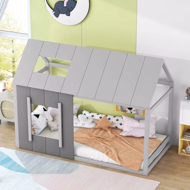Letto singolo a casetta per bambini OKWISH in pino e MDF grigio, L/P/H: 90 x 200 x 150 cm