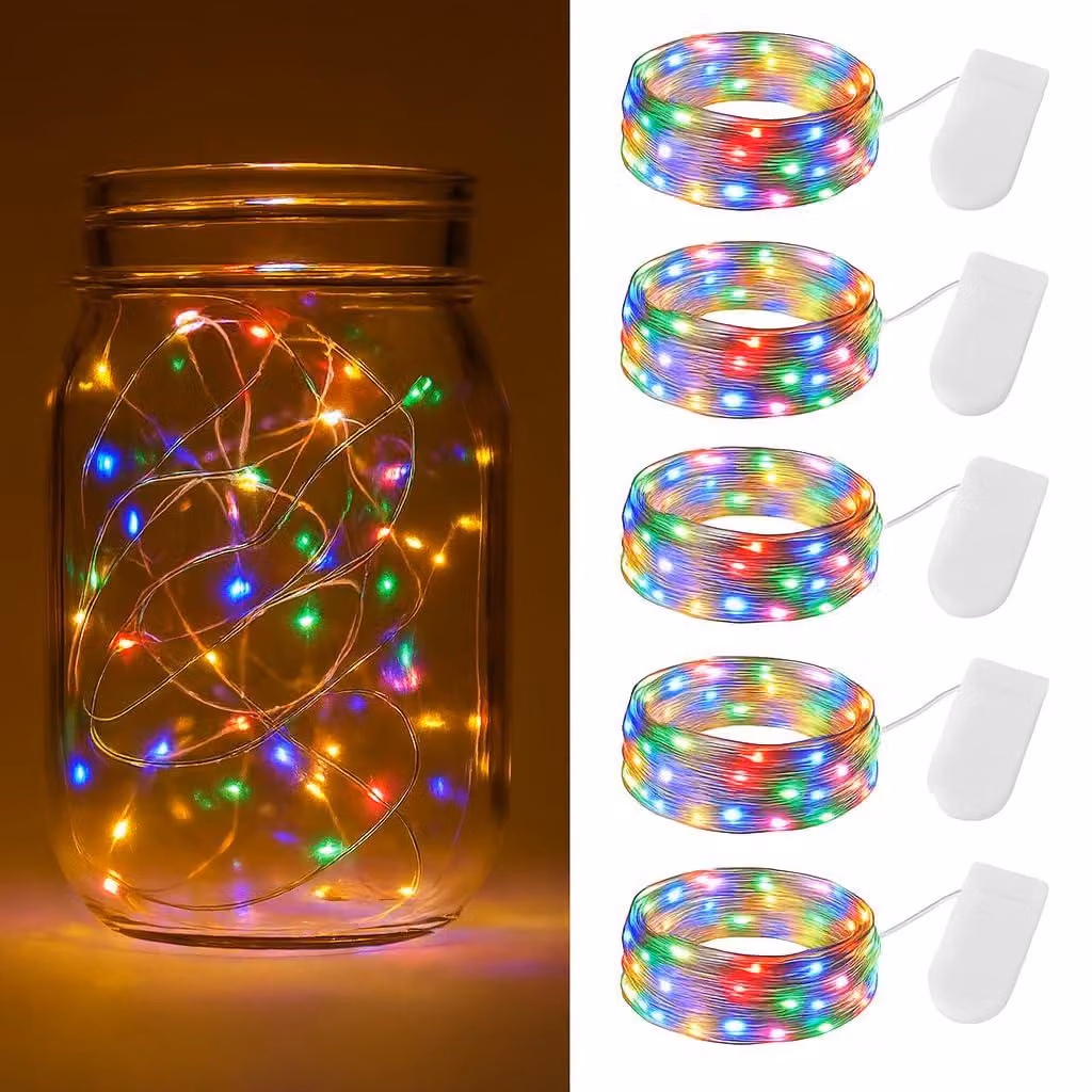 Confezione da 5 catene luminose LED colorate, lunghezza 2 metri, 20 LED, alimentazione a batteria