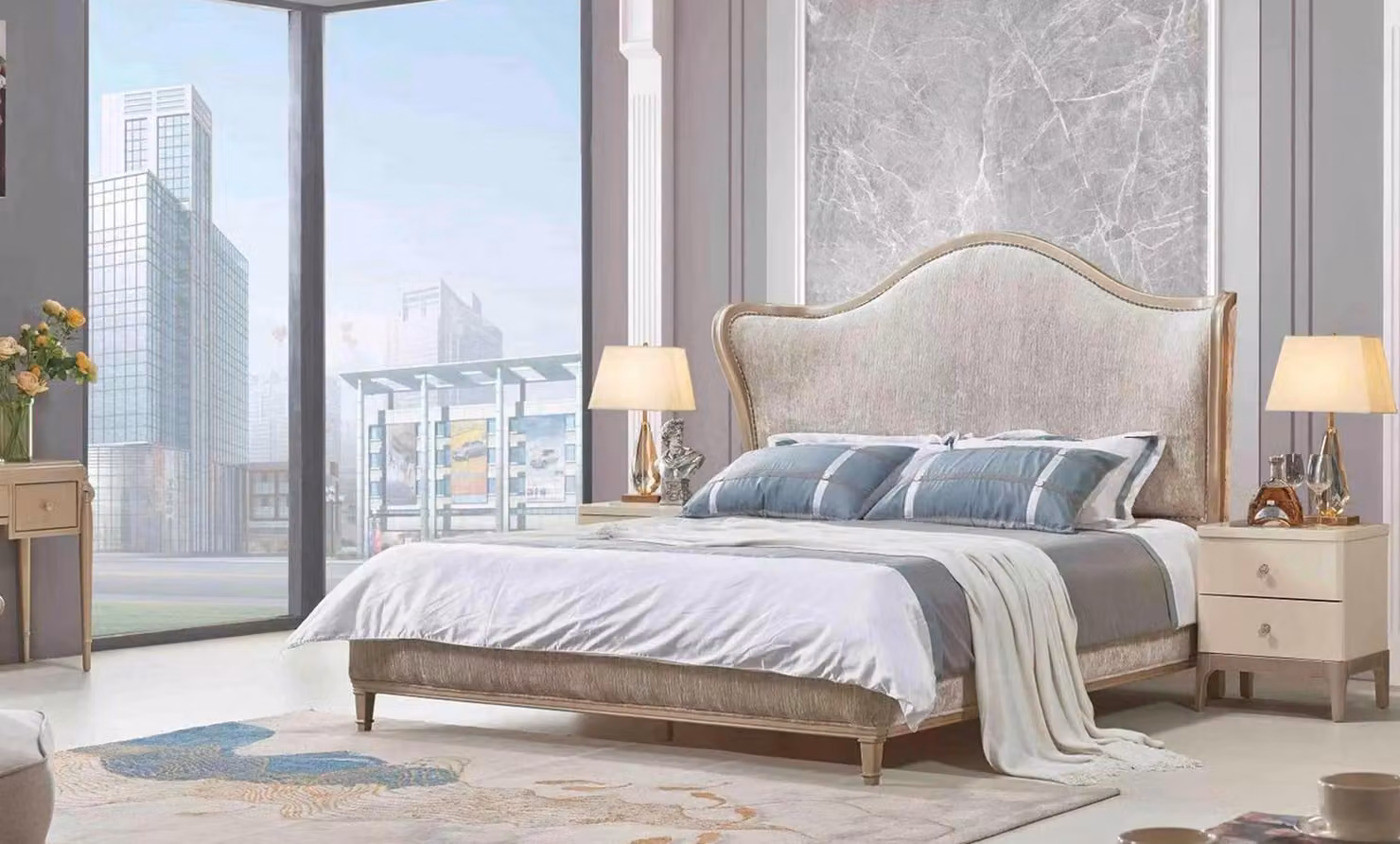 Luxus Modern Bett 2x Nachttische Betten Holz Bettgestell Schlafzimmer Silber