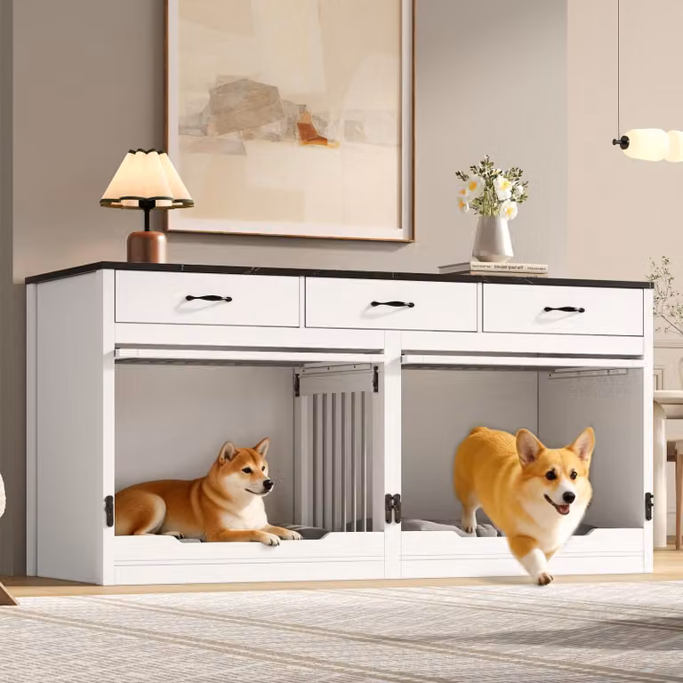 Cuccia per cani Merax in legno e metallo con 3 cassetti e 2 ante, divisorio rimovibile, cuccia per 2 cani, cuccia interna, XXL 164×60×81 cm, nera