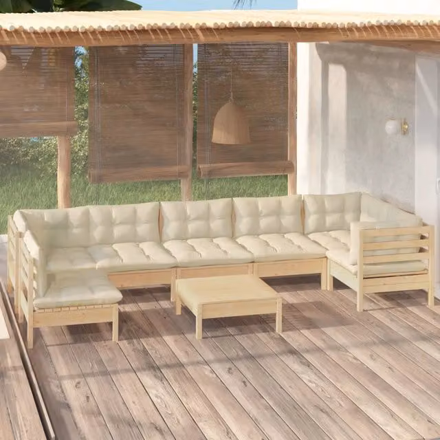 Set Salotto da Giardino 8 pz con Cuscini Crema in Legno di Pino 3096436
