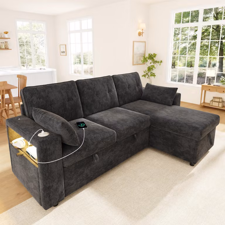 Divano angolare MODFU, divano letto a forma di L, estendibile con funzione letto, pouf reversibile, divano modulare relax con spazio contenitivo, illuminazione LED, porta USB Type-C, tessuto in chenille, colore grigio