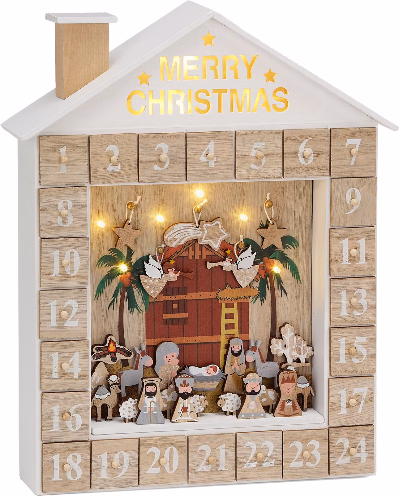 BRUBAKER Calendario dell'Avvento Presepe con illuminazione LED Bianco oro beige - 31,5 x 38,2 x 6,3 cm