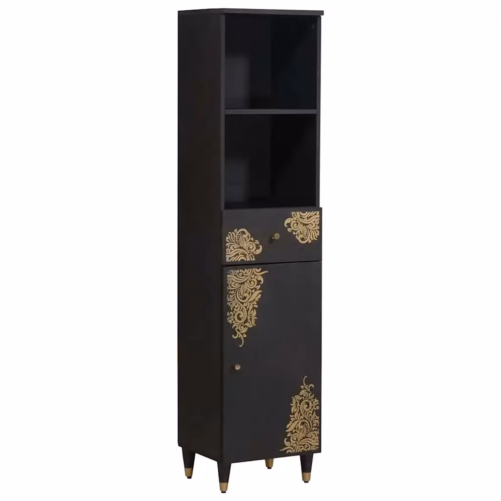 Armadio da bagno moderno in legno di mango massello nero e oro con ante e cassetti L/P/H: 38 x 33 x 160 cm – 2