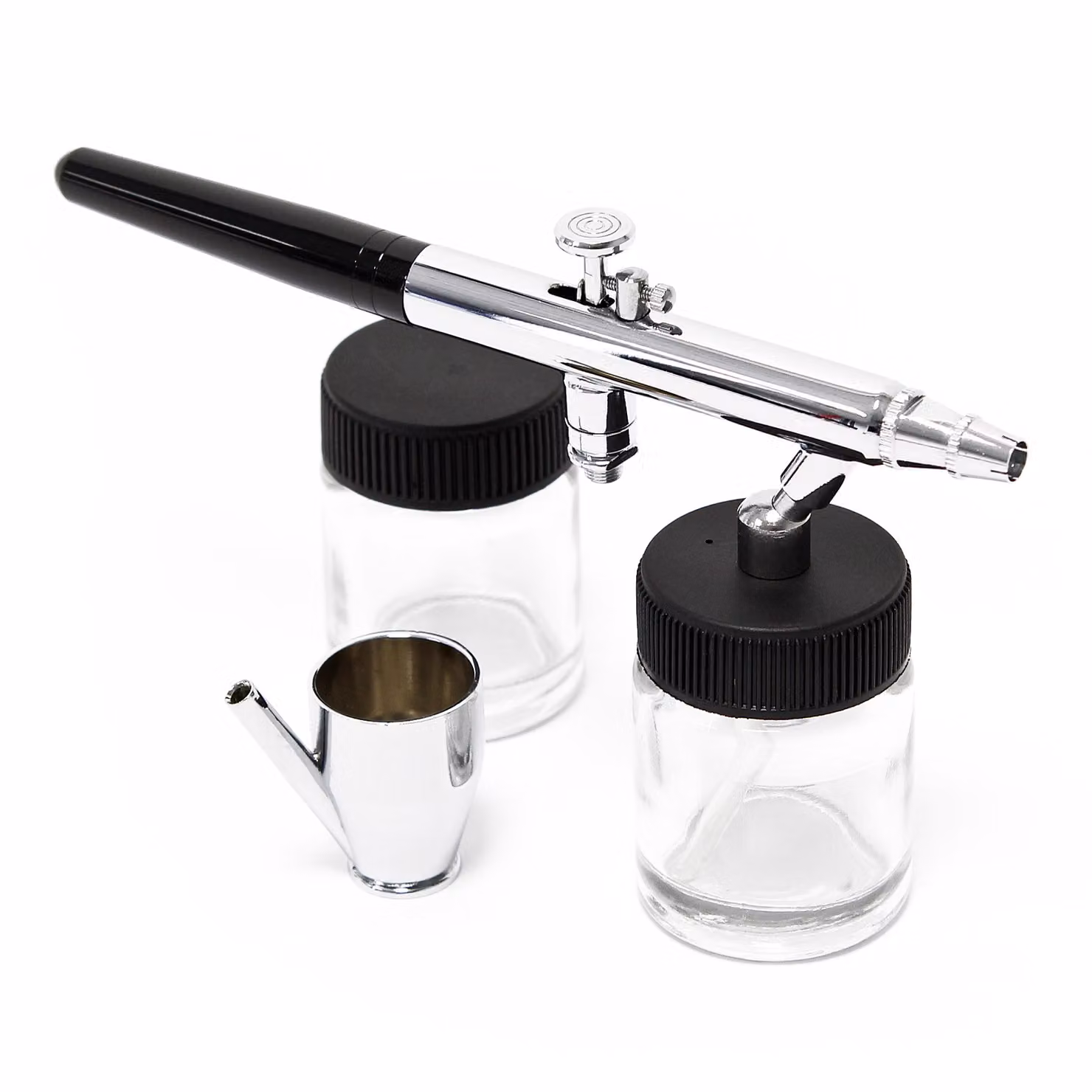 Pistola per aerografo Wiltec tipo 128 con funzione a doppia azione, ago e ugello Ø 0,35 mm, 3 tazze di colore, adattatore e tubo flessibile, per modellismo, nail art ecc.