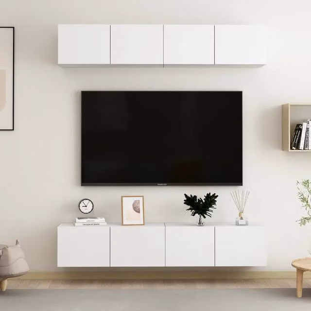 Set di 4 mobili TV a parete vidaXL in legno multistrato bianco, stile minimalista, L 80 cm x P 30 cm x H 30 cm – 1