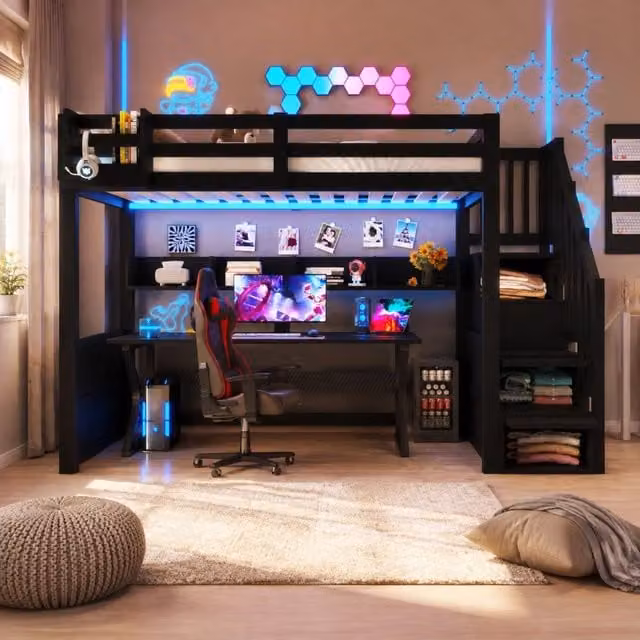 Letto a soppalco per bambini 90 × 200 cm 1 posto con LED, 4 vani, armadio e scala contenitore, senza materasso, nero
