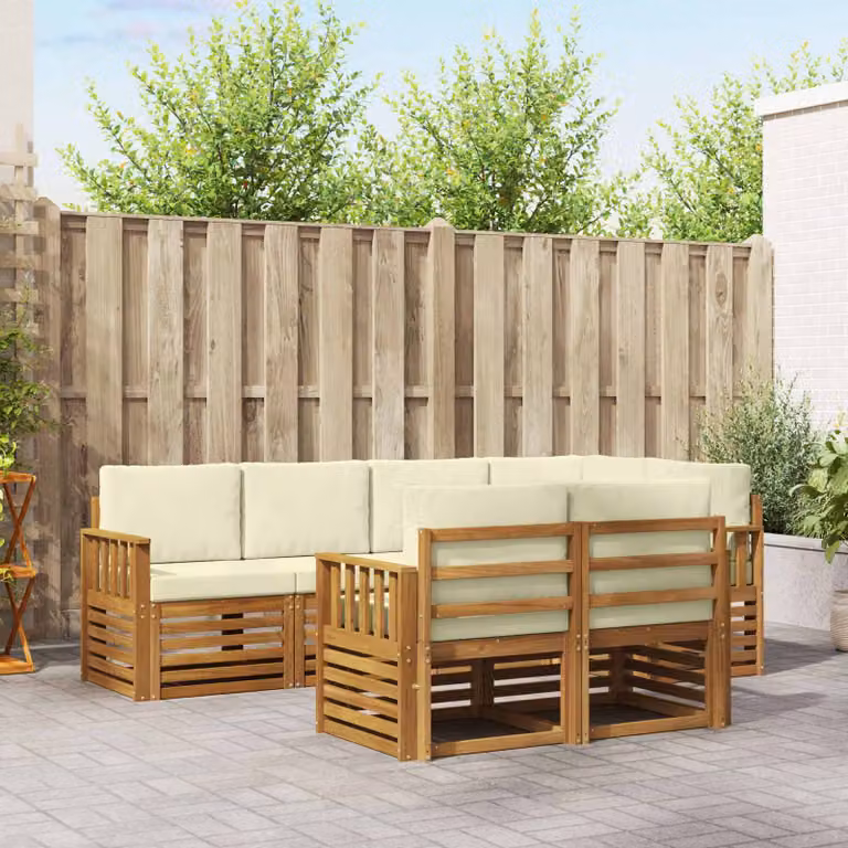 Set di divani da esterno a L vidaXL in legno di acacia con cuscini beige e bianco in poliestere resistente ai raggi UV