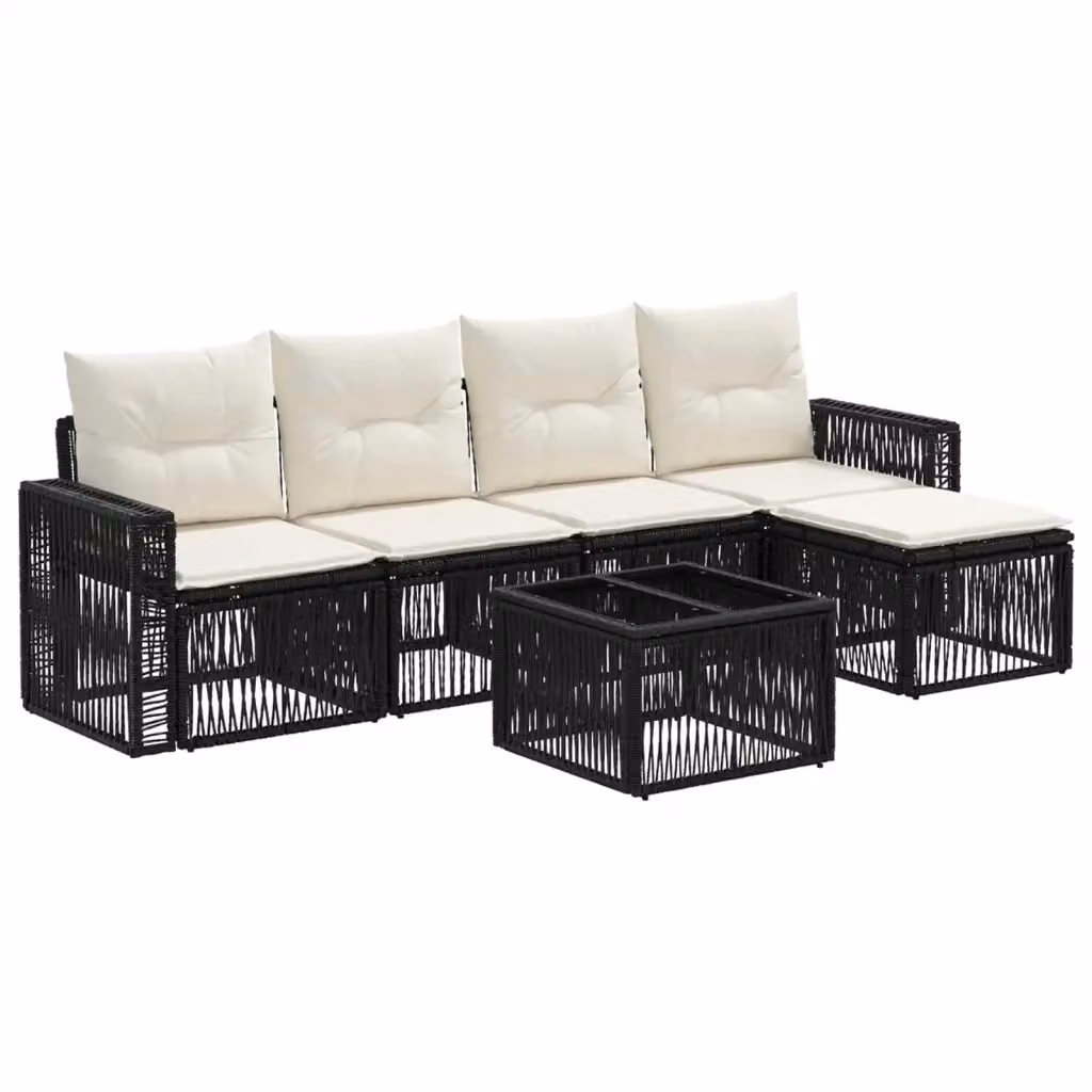 Set da giardino moderno vidaXL a 6 pezzi con divano a L, tavolino e pouf in rattan nero e bianco con cuscini inclusi – 2