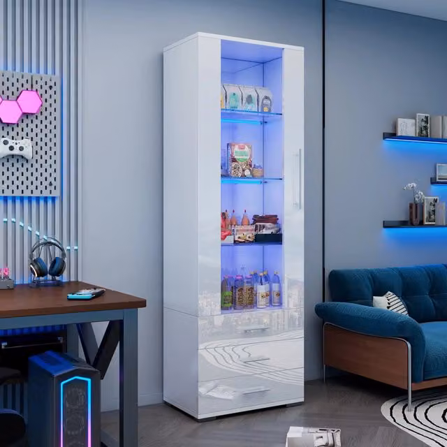 Vetrina Mivray moderna in MDF bianco lucido con ante in vetro, 3 cassetti e illuminazione LED integrata, L: 60 cm, P: 35 cm, H: 180 cm