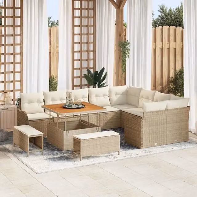 Set Divano da Giardino a Forma di U vidaXL con 11 Posti, Colore Beige, Struttura in Acciaio Verniciato a Polvere e Cuscini Inclusi