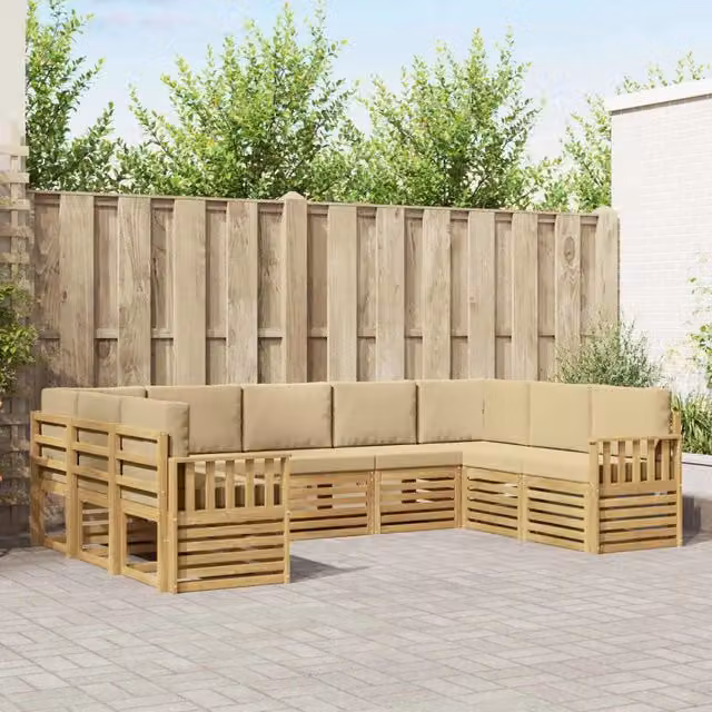 Set di divani da esterno vidaXL a forma di L composto da 7 pezzi in legno di acacia con cuscini bianchi e beige