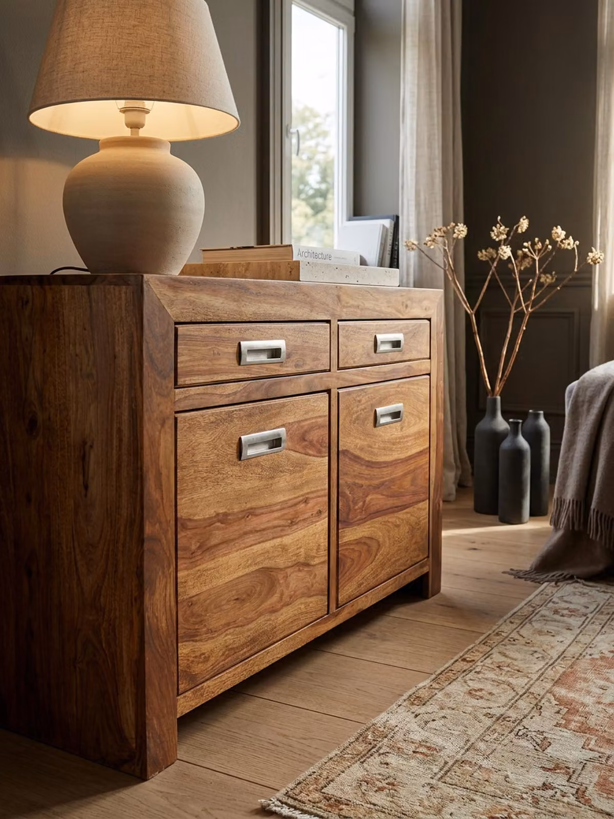 Credenza MUMBAI in legno massello di sheesham Comò 90 cm 2 cassetti 2 ante Design Highboard Stile rustico marrone naturale