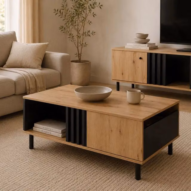 Tavolino da salotto Kasese DMORA con un cassetto, colore marrone rovere, L: 100 cm, P: 60 cm, H: 4 cm