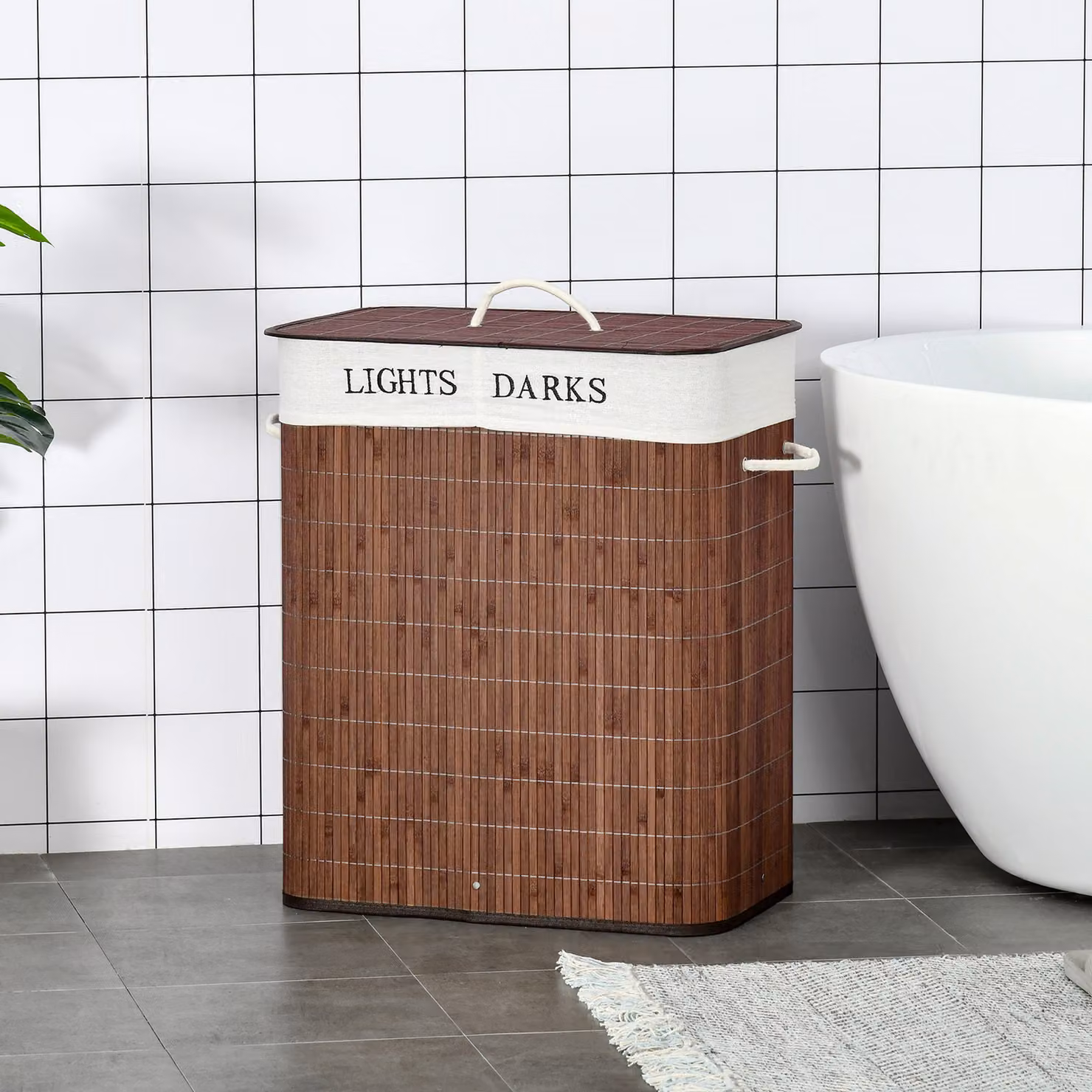 Cesto per biancheria HOMCOM in bambù marrone da 100L con 2 scomparti, coperchio e maniglie, L: 52 cm, P: 32 cm, H: 63 cm – 2