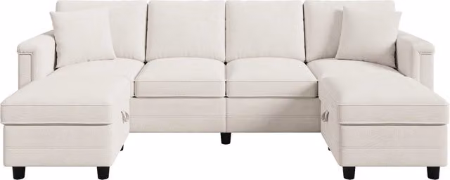 Divano modulare 6 posti trasformabile a L e U con 2 pouf contenitore, USB in ciniglia beige 261×134×82 cm