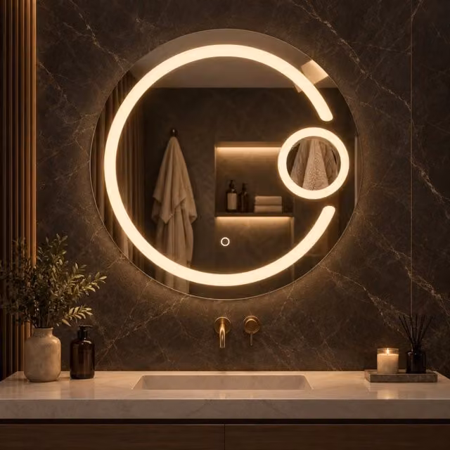 Specchio tondo OGOMONDO con cornice in PVC e MDF, luce LED dimmerabile con interruttore touch, Ø 80 cm