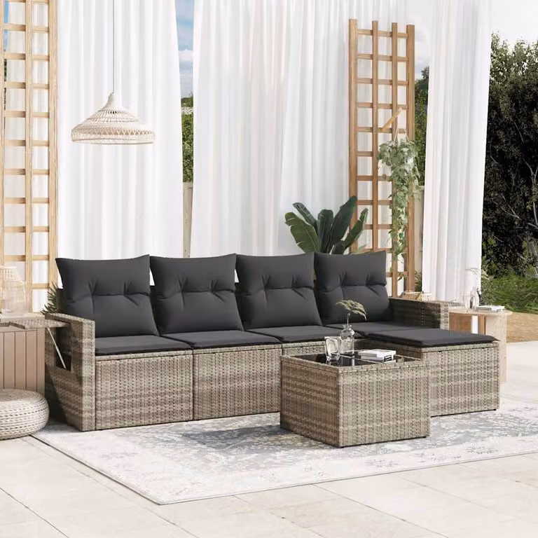 vidaXL Set Divano da Giardino 6pz a Forma di L in Polyrattan Grigio con Cuscini e Tavolino