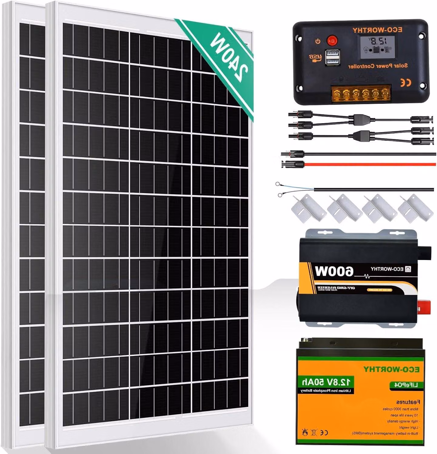 Kit di pannelli solari composto da due pannelli da 120W e un inverter da 600W, ideale per impianti off-grid