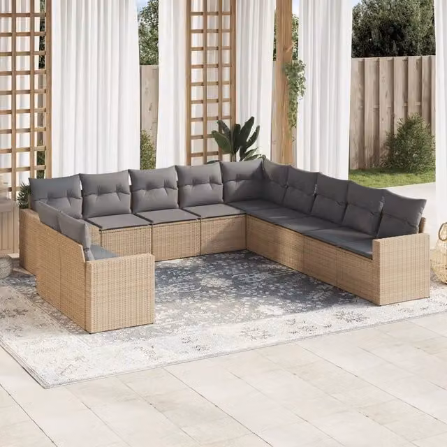 Set di Divani da Giardino VIDAXL in Polyrattan con Cuscini Beige, 11 Pezzi, Design Moderno a L