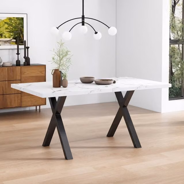 Tavolo da pranzo rettangolare Mivray in MDF effetto marmo bianco e metallo con gambe a X in stile minimalista – 1