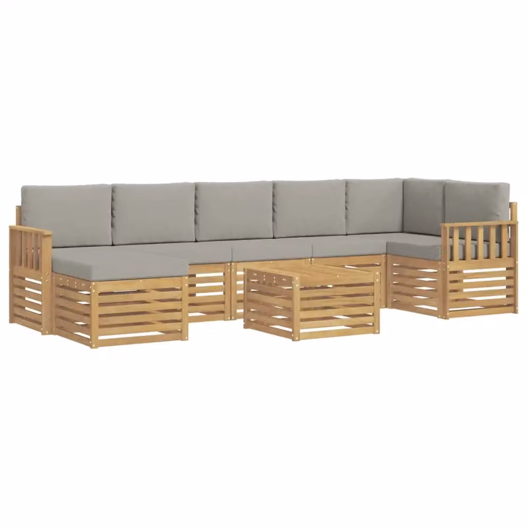 Set di divani da esterno a L con tavolino e pouf vidaXL, 7 pezzi, Bianco e Grigio, in legno di acacia e tessuto – 2