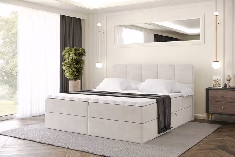 Letto boxspring ALTDECOR con materasso e rete a doghe, topper, letto imbottito con contenitore, letto con spazio contenitivo e materasso H3, letto matrimoniale, letto a cassettone - LIRO - 180x200 - Beige Casablanca