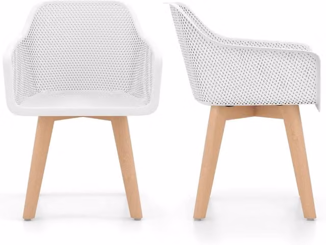 Set di 2 sedie da pranzo moderne in plastica bianca con gambe in legno di faggio per cucina e sala da pranzo