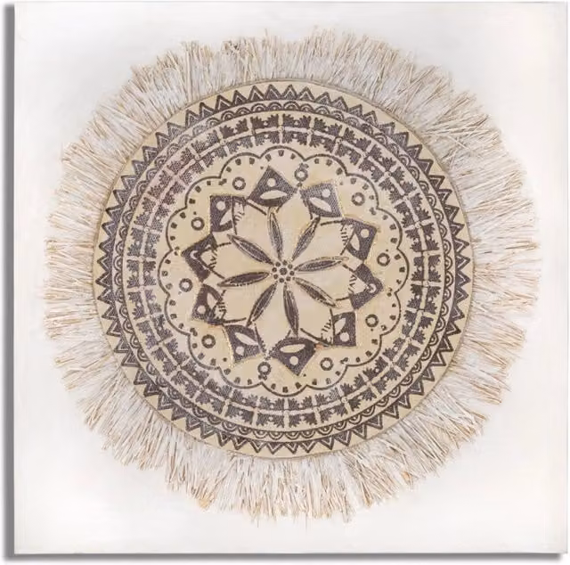 Dipinto su tela Malindi Vikasa Home con mandala etnico, frange in rafia e stile boho, colori bianco, beige e viola, L 100 cm x P 100 cm