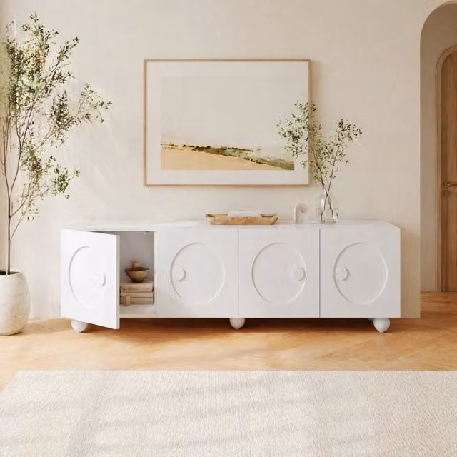 Mobile TV moderno MODFU bianco con ante goffrate geometriche in MDF, L: 180,5 cm, P: 38 cm, H: 50 cm – 1