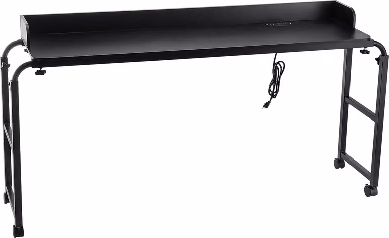 SucceBuy Tavolino da letto mobile con rotelle e presa di corrente, tavolo per laptop in truciolato regolabile in altezza per casa, ufficio e studio, nero