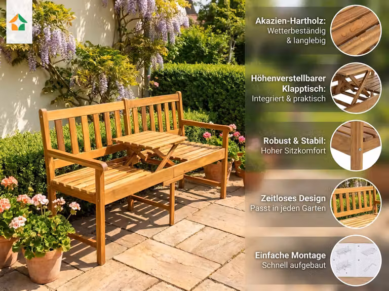 Panca da giardino con tavolo regolabile in altezza, realizzata in legno di acacia, dimensioni 153x57x88 cm