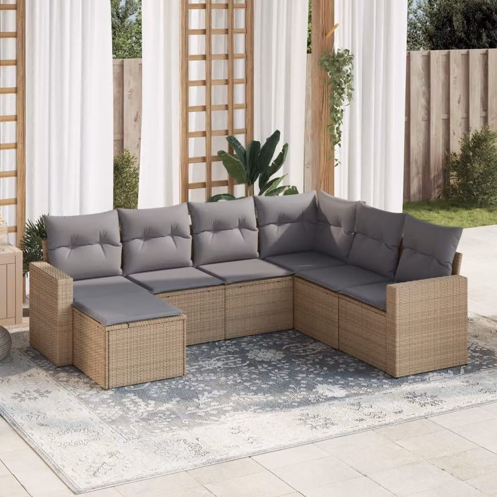 Set Divani da Giardino vidaXL 7 pz in Polyrattan con Cuscini Beige e Grigio, Design Moderno a L con Struttura in Acciaio Verniciato a Polvere e Tessuto Resistente ai Raggi UV – 1