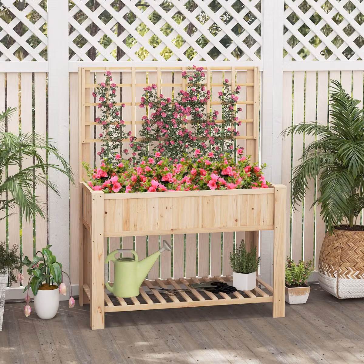 Fioriera alta in legno Costway con traliccio e mensola di stoccaggio, letto da giardino rialzato per orto e piante ornamentali, colore marrone