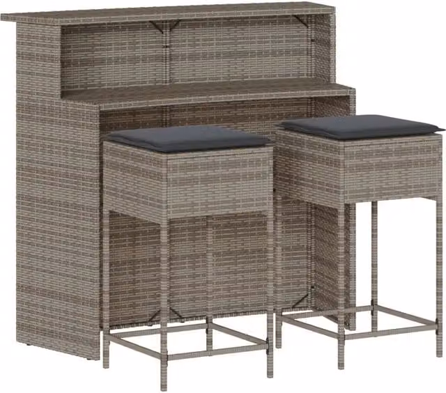 Set Bar da Giardino 3pz | Set Salotto da Giardino con Cuscini Grigio in Polyrattan