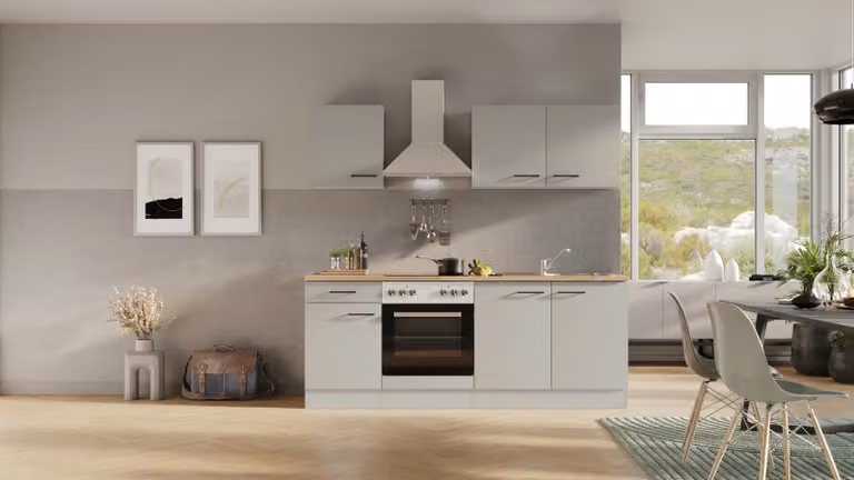 Mobile cucina con elettrodomestici Flex Well Lund 210 cm colore frontale grigio chiaro lucido colore mobile grigio fumo opaco