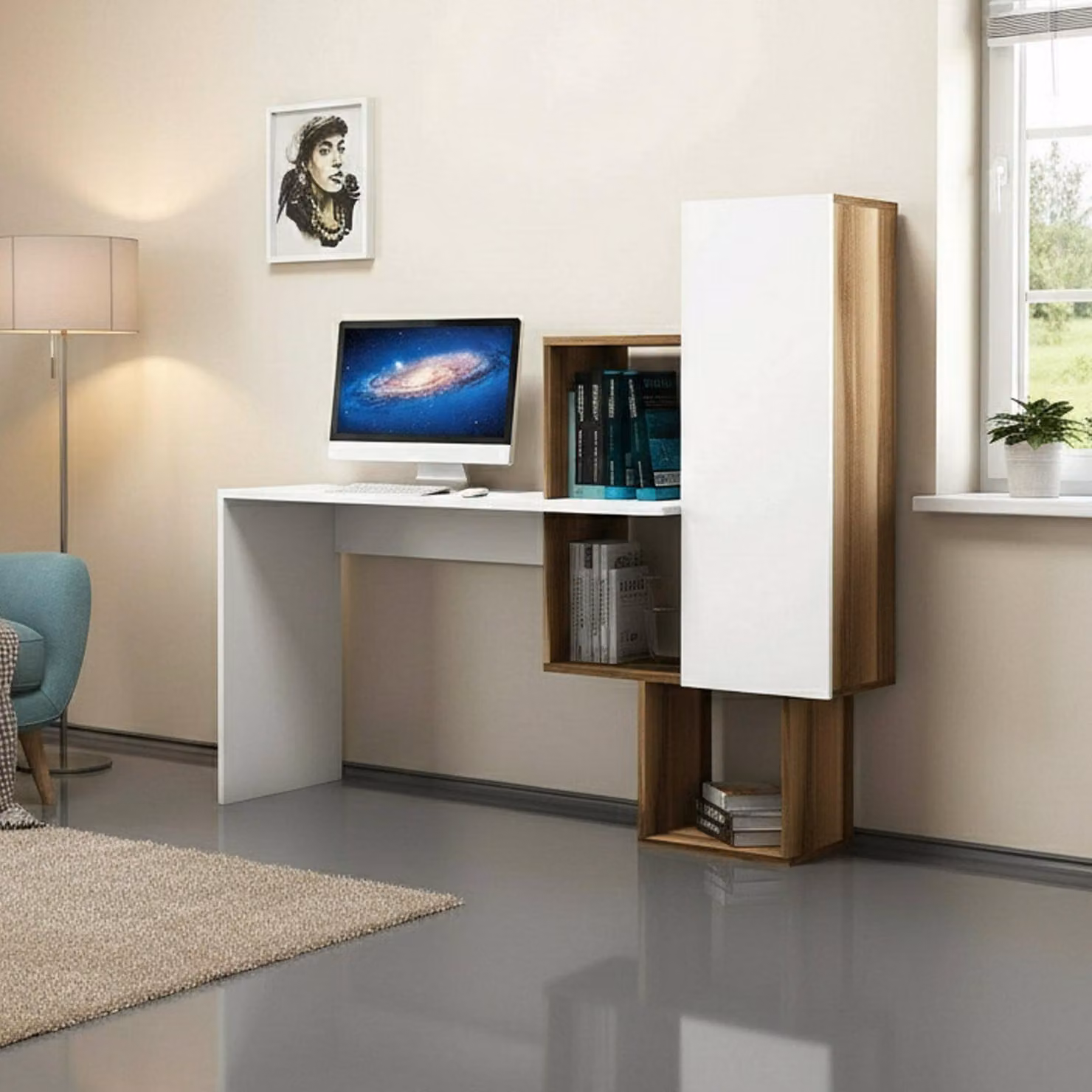 Dmora Scrivania Baselice 45x145x74.8h cm Bianco, Materiale Piano in Legno Nobilitato Colore Piano Marrone