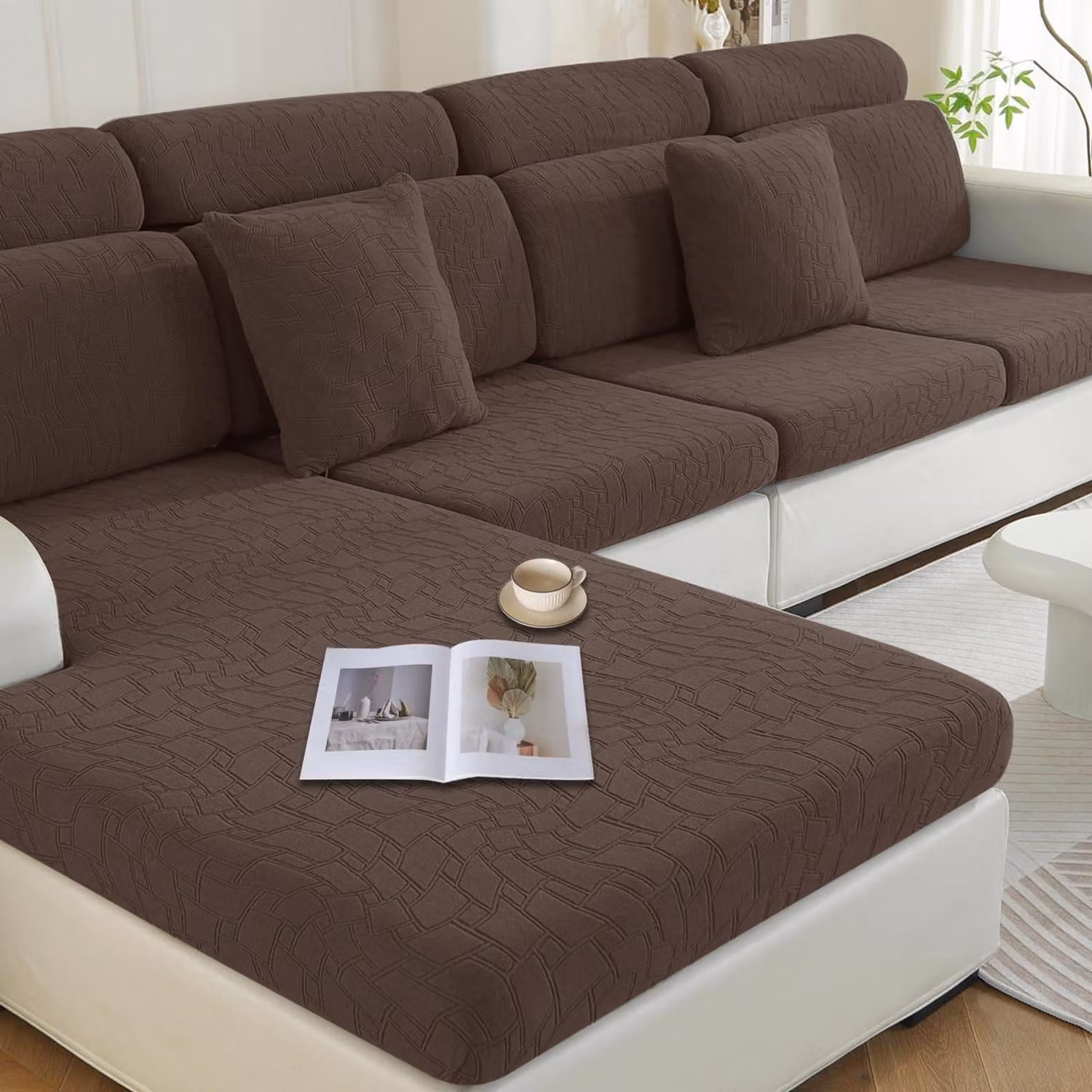 Copertura per cuscini da seduta, elasticizzata, a forma di L, per 2 poltrone e una chaise longue, colore beige chiaro