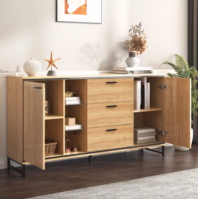 Credenza moderna in MDF naturale e nero con 3 cassetti, luce LED a 16 colori, 160x40x85 cm