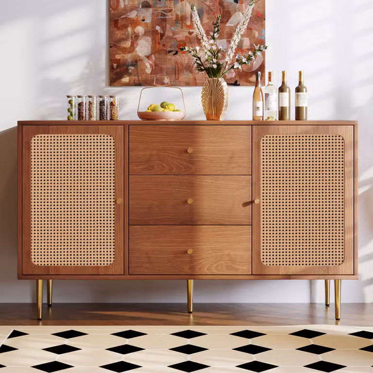Flieks credenza cassettiera con 3 cassetti e 2 ante con ripiani regolabili, mobili soggiorno rattan legno massiccio 150*40*90cm